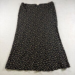 Vintage Floral Polka Dot Midi Skirt Black Yellow A-Line Rayon Blend Size 14